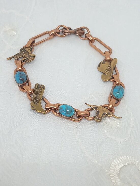 Jewelry - Native American Solid Copper & Turquoise First Nations Tribe Equine Charm Link B